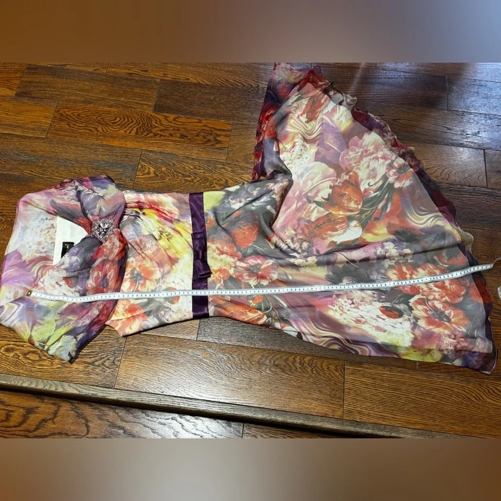NWOT Mac Duggal 100% silk Vibrant Floral knee length Sleeve Dress size 4 - Picture 5 of 6